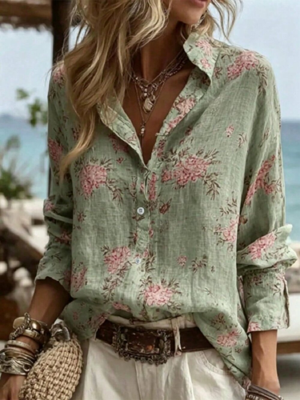 Mint Green Boho Women's Random Print Button Lapel Regular Fit Shirt